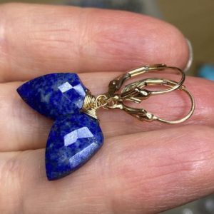 Blue Lapis Lazuli 14k gold fill earrings, gemstone dangles, petite jewelry, one of a kind. | Natural genuine Sodalite earrings. Buy crystal jewelry, handmade handcrafted artisan jewelry for women.  Unique handmade gift ideas. #jewelry #beadedearrings #beadedjewelry #gift #shopping #handmadejewelry #fashion #style #product #earrings #affiliate #ad