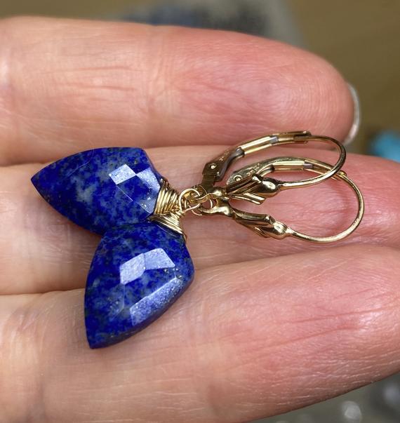 Blue Lapis Lazuli 14k Gold Fill Earrings, Gemstone Dangles, Petite Jewelry, One Of A Kind.