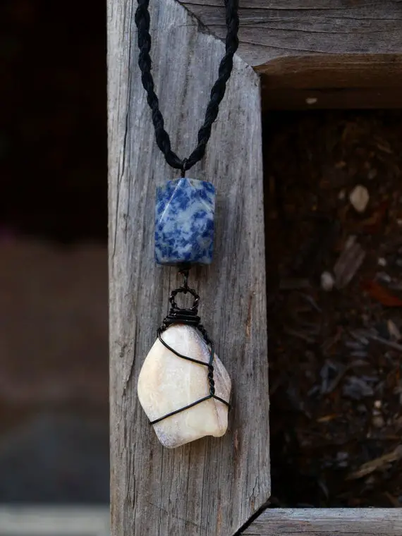 Beach Jewelry - Shell And Sodalite Necklace - Wirewrapped With Black Copper, Hemp Chain - Ecofriendly, Fair Trade, Men's, Woman's