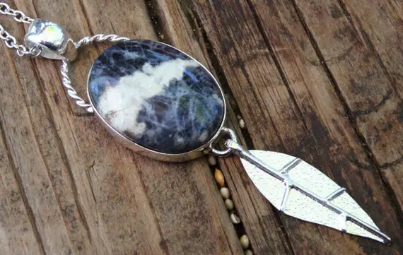925 - Large Blue Sodalite Feather Necklace, Sterling Silver, Natural Stone, Blue Sodalite Statement Pendant, Long Feather Silver Necklace