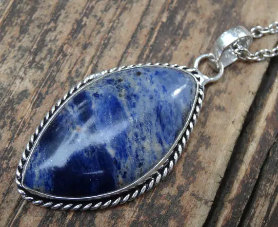 925 - Large Sodalite Sterling Silver Necklace, Natural Stone, Blue Sodalite Statement Pendant, Orange In Blue Sodalite Silver Necklace