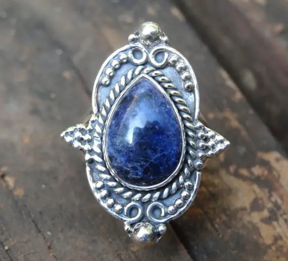 Natural Blue Sodalite Sterling Silver Ring Size 7.5, 925 Silver Sodalite Ring, Natural Stone Sodalite Sterling Silver Statement Ring 7 8