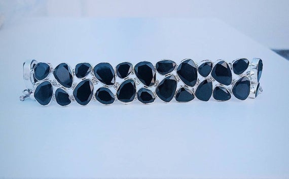 Black Spinel Bracelet, 925 Sterling Silver, Black Faceted Bracelet, Black Crystal, Birthday Gift, Anniversary Gift. Free Shipping.