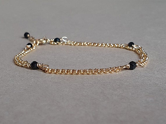 Black Spinel Double Chain Bracelet, Minimalist Bracelet, Black Spinel Jewelry, Layered Bracelet