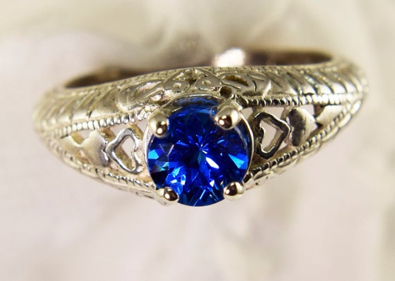 Blue Spinel Ring, 6mm Round Gemstone, Set In 925 Sterling Silver Engraved Solitaire Ring