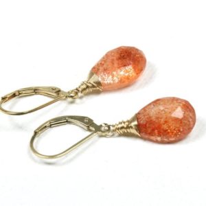 Shop Sunstone Earrings! Orange Fire Sunstone Earrings Gold Filled or Sterling Silver wire wrapped natural gemstone simple dangle drops birthday gift for women 6126 | Natural genuine Sunstone earrings. Buy crystal jewelry, handmade handcrafted artisan jewelry for women.  Unique handmade gift ideas. #jewelry #beadedearrings #beadedjewelry #gift #shopping #handmadejewelry #fashion #style #product #earrings #affiliate #ad