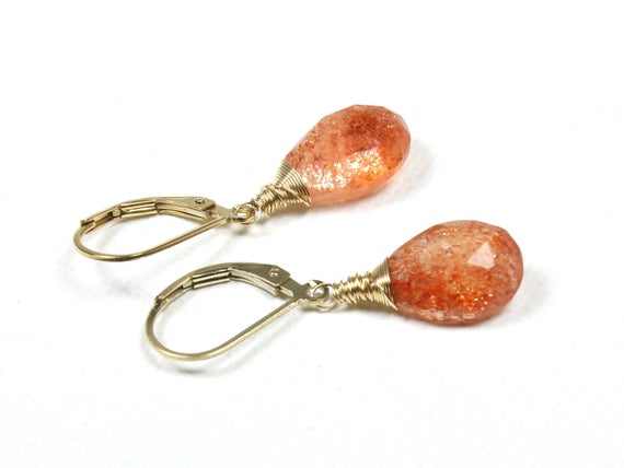 Orange Fire Sunstone Earrings Gold Filled Or Sterling Silver Wire Wrapped Natural Gemstone Simple Dangle Drops Birthday Gift For Women 6126