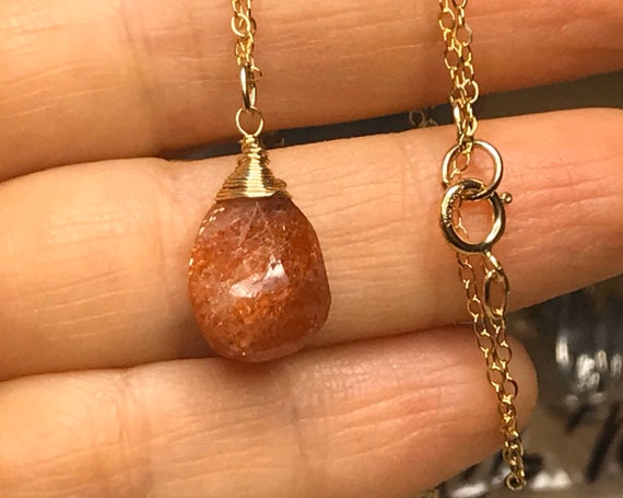 Genuine Sunstone Pendant Gold Necklace, Wire Wrapped, Orange Faceted Sun Stone Jewelry, Gemstone Pendant.  Golden Necklace