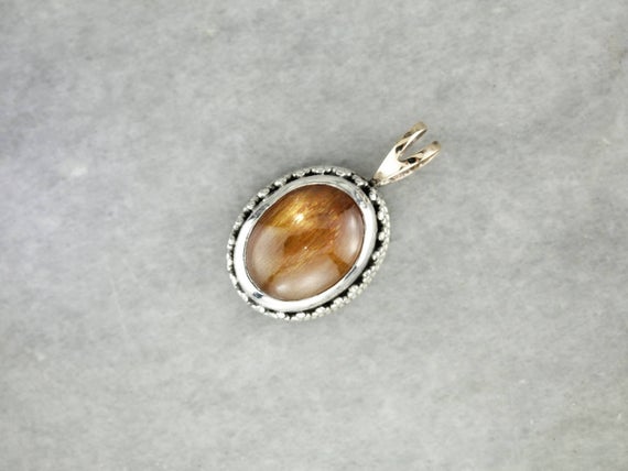 Warm Sunstone Bohemian Pendant, Sunstone Cabochon Pendant, Mixed Metal Pendant 15hdh2-d