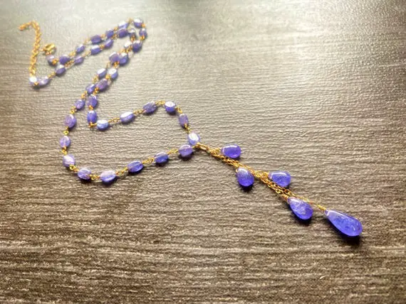 Tanzanite Stone Gold Y Necklace, Periwinkle Jewelry, Natural Gemstone, Purple Blue. One Of A Kind Gift.