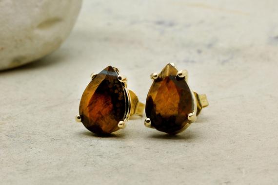 Tiger Eye Earrings · Teardrop Earrings · Gold Pear Earrings · Solid Gold Earrings · Prong Post Earrings · Bridesmaid Gifts · Bridesmaid E