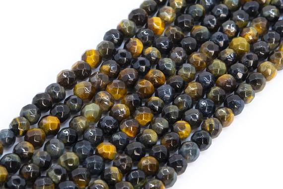 Genuine Natural Yellow Blue Tiger Eye Loose Beads Grade Aaa Faceted Round Shape 4mm