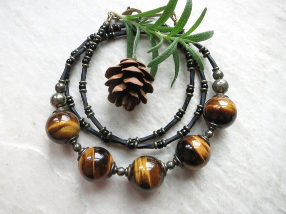Tiger's Eye Bead Necklace, Golden Brown And Black Beaded Necklace With Shimmering Natural Stones