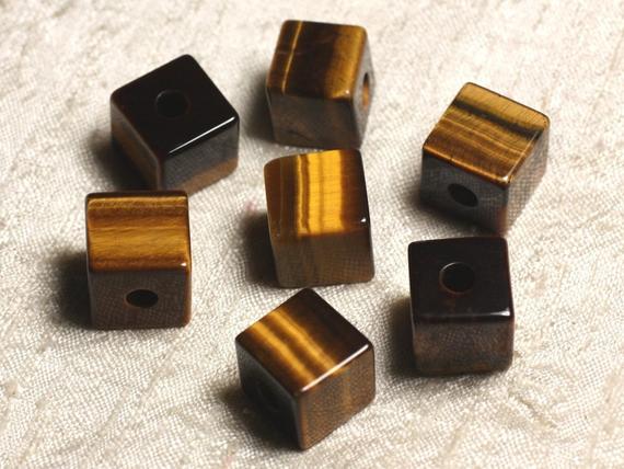 1pc - Perle Pendentif Pierre - Oeil De Tigre Cube 15mm Marron Bronze Doré Noir - 7427039740708