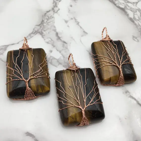Yellow Tiger Eye Tree Pendant Copper Wire Wrap Rectangle 30x50mm Sold Per Piece