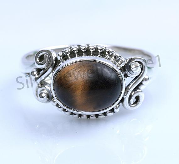 Tiger's Eye Ring - Sterling Silver Gem Ring - Statement Gemstone Ring, 7x9 Mm Oval Ring, Gemstone Ring, Boho Jewelry, Women Ring, Gift Ideas
