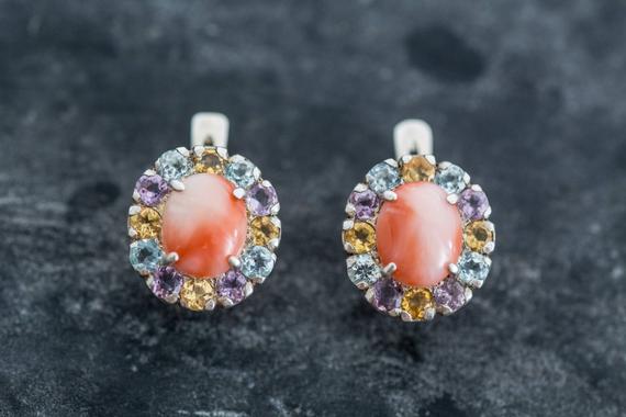 Coral Earrings, Natural Coral, March Birthstone, Pink Coral, Vintage Earrings, Topaz Earrings, Victorian Earrings, Silver Earrings, Coral