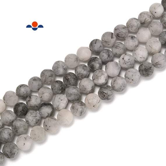 Black Tourmalinated Quartz Matte Soccer Faceted Round Beads Size 10mm 15.5'' Str