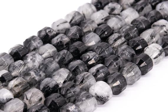 Genuine Natural Black Rutilated Quartz, Tourmalinated Quartz Loose Beads Faceted Bicone Barrel Drum Shape 10x9mm