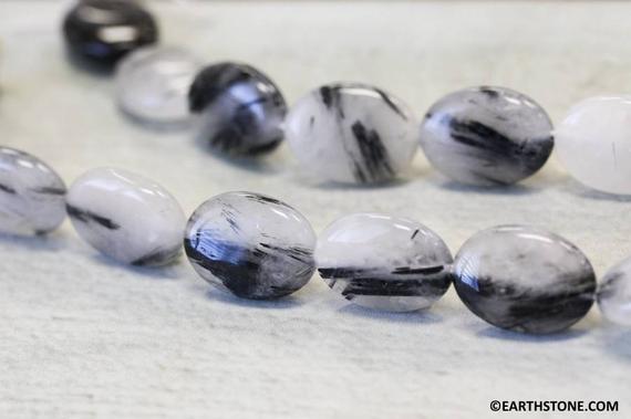 L-m/ Tourmalinated Quartz 15x20mm/ 13x18mm Flat Oval Beads 15" Strand Natural Quartz Gemstone Beads For Jewelry Making