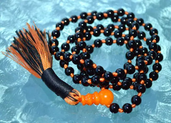 Black Mala Prayer Beads 108 Knotted, Aaa Tourmaline Multi Color, Semi Precious, Meditation Yoga, Spiritual Chakra Jewelry, Tassel Necklace