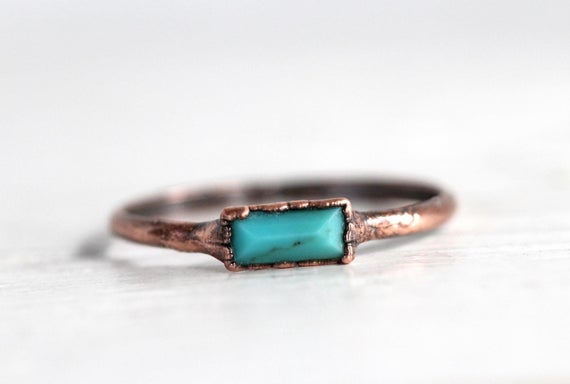 Genuine Turquoise Ring - Electroformed Copper - Small Stacking Ring