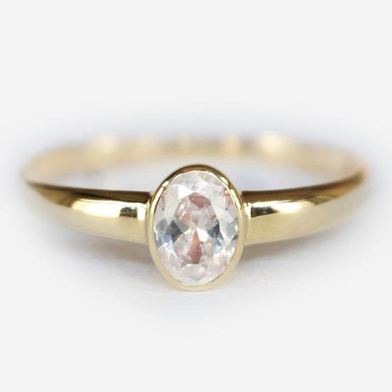 14k Yellow Gold Oval White Sapphire Ring, Bezel Set, Dainty April Birthstone, Minimalist Engagement