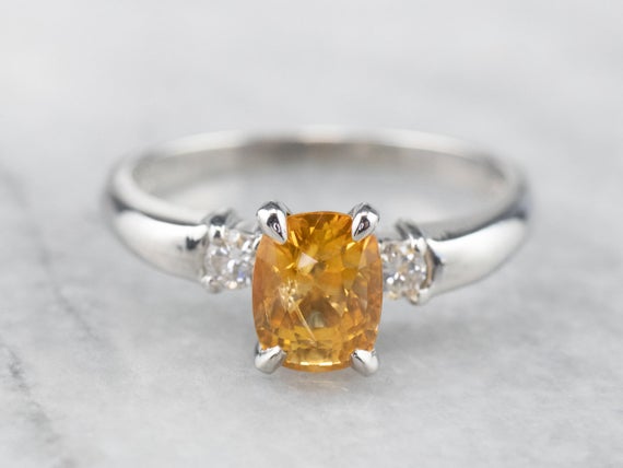 Yellow Sapphire Platinum And Diamond Ring, Sapphire Engagement Ring, Three Stone Ring, Anniversary Gift, September Birthstone E3zpfz6d