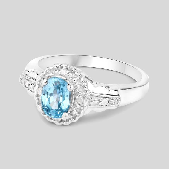 Blue Zircon Ring, Blue Zircon Silver Ring, Natural Blue Zircon Oval Cocktail Ring, Zircon Silver Ring