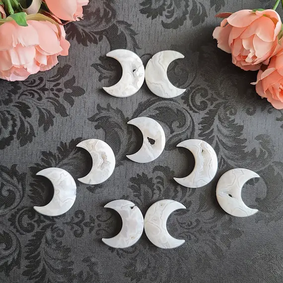 White Druzy Agate Crescent Moon Cabochons, Choose Your Crystal Gemstone Cab From Indonesia For Jewelry Making Or Crystal Grids