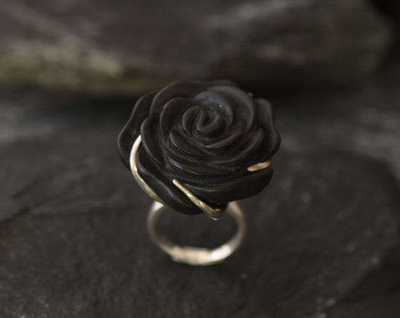 Large Black Rose Ring, Black Agate Ring, Flower Ring, Statement Ring, Rose Carved Ring, Gothic Ring, Chunky Flower Ring, Solid Silver Ring