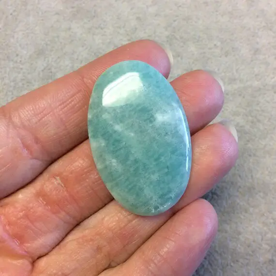 Ooak Natural Blue/green Amazonite Oblong Oval Shaped Flat Back Cabochon "12" - Measuring 26mm X 40mm, 5mm Dome - High Quality Gemstone