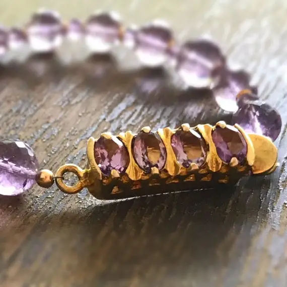 Amethyst Bracelet - Purple Jewelry - February Birthstone Jewellery -  Yellow Gold - Nugget - Box Clasp