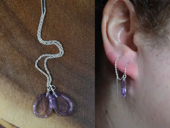 Amethyst Ear Threaders // Sterling Silver // February Birthstone Earrings // 6th Anniversary Gift For Her // Amethyst Tear Drop Ear Strings