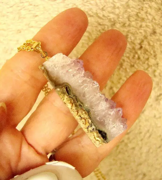 Sale Natural Druzy Amethyst Pendant Slice Necklace.  Gemstone Purple Slice Mineral.  Statement.  Sterling Silver.  Free Upgrade