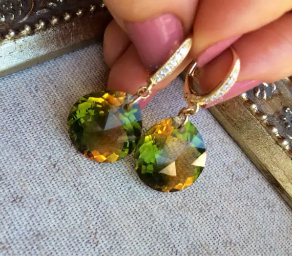 Ametrine Gold Pave Earrings. Green Yellow Bolivian Ametrines Stones Dangles. Weddings. Elegant Jewelry.  Gift For Wife.
