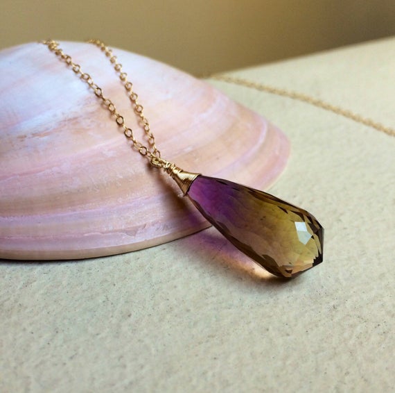 Sale Big Bolivian Ametrine Pendant.  Ametrine Necklace.  Purple Yellow.  Gemstone Jewelry.  Wire Wrapped. Gold Fill- Rose Gold - Sterling