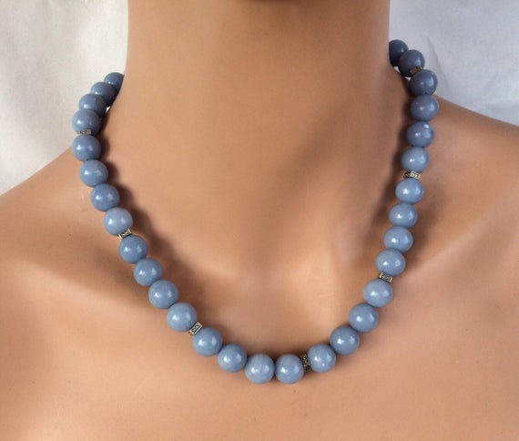 Natural Angelite Necklace, Blue Gemstone, Elegant Angeline Jewelry, Beaded Necklace.