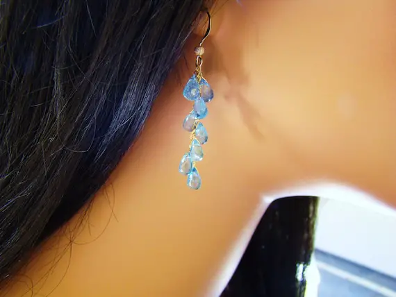 14k Gold Fill Aqua Blue Apatite Cascade Earrings, Statement Jewelry, Wire Era Gemstones.