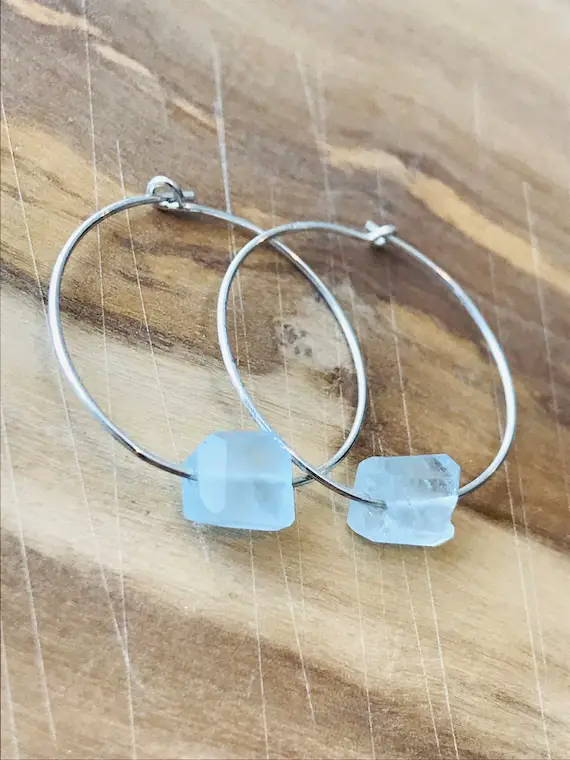 Natural Aquamarine Earrings Raw Aquamarine Earrings March Birthstone Healing Earrings Charm Earrings Boho Earrings Hoop Earrings