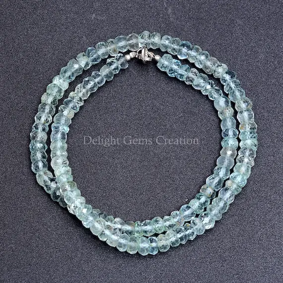 Natural Aquamarine Beaded Necklace, Faceted Blue Aquamarine Rondelle Beads Necklace, 5-5.5mm Beads, Aquamarine Gemstone Necklace For Women