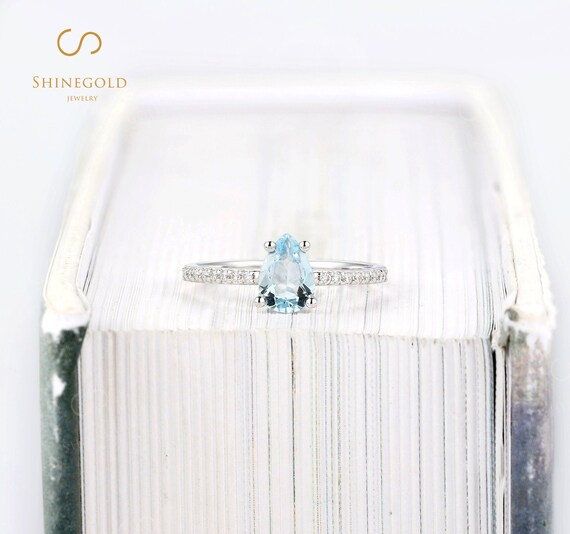 Vintage Aquamarine Engagement Ring White Gold Pear Cut Ring Half Eternity Diamond/moissanite Half Eternity Ring Promise Anniversary Ring