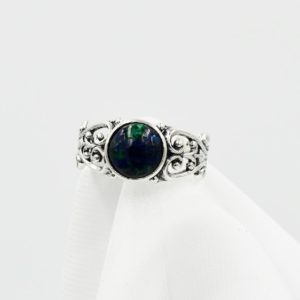Shop Azurite Rings! Azurite/Malachite Ring, 8mm Round Cabochon Genuine Gemstone, Set in 925 Sterling Silver Filigree Mounting | Natural genuine Azurite rings, simple unique handcrafted gemstone rings. #rings #jewelry #shopping #gift #handmade #fashion #style #affiliate #ad