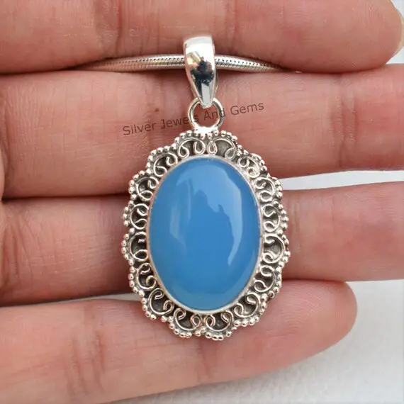 Blue Chalcedony Pendant, Boho Pendant, 925 Sterling Silver Oval Chalcedony Pendant, Sagittarius Birthstone, Gift For Her, Handmade Pendant