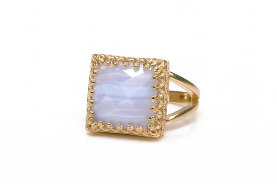 Stunning Blue Lace Agate Ring · 14k Rose Gold Ring · Square Cut Gemstone Ring · Solid Gold Semiprecious Ring · Birthday Gifts