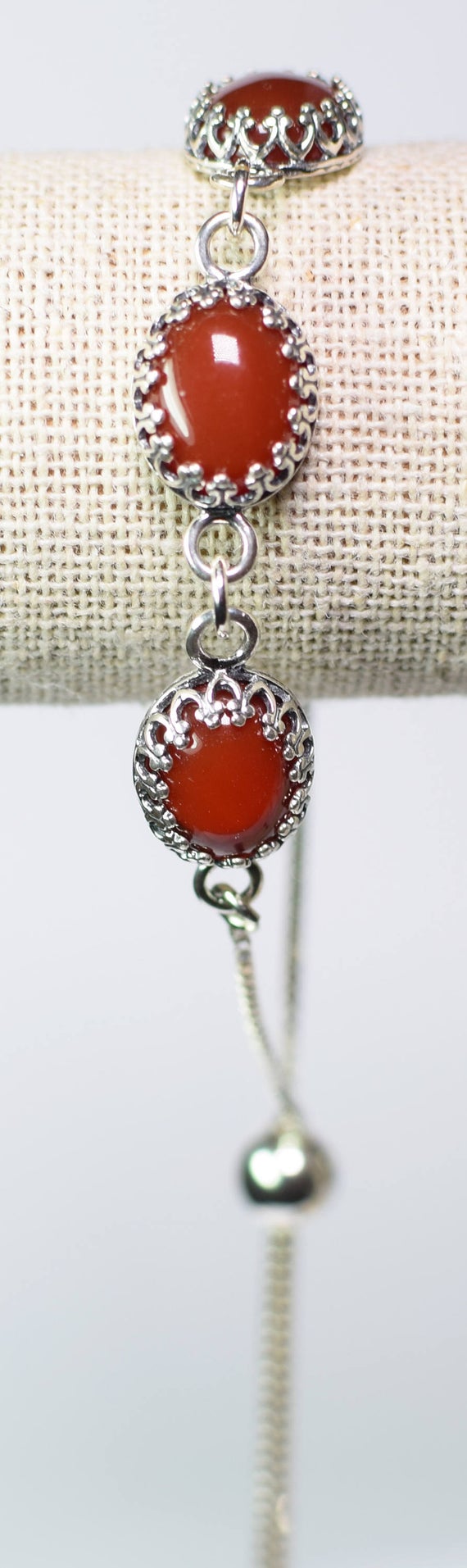 Carnelian Adjustable Bolo Bracelet Or Anklet Made With Genuine 10x8mm Ovals In Crown Settings, Set In 925 Sterling Silver