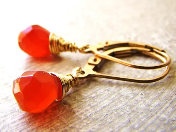 Sale Orange Carnelian Stone Earrings 14k Gold Fill Dangles, Tiny Gemstone Drops, Bright Orange Jewelry.  Minimalist.  Petite Earrings.