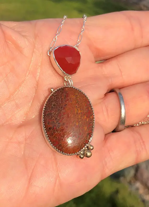 Fossilized Dinosaur Bone Gemstone Combined With Rose Cut Carnelian Form This One Of A Kind Pendant, Set In Sterling Silver, Sterling Chain
