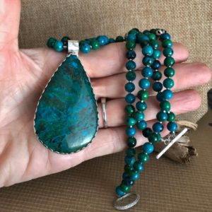 Shop Chrysocolla Pendants! Huge Statement Chrysocolla Pendant, Double Strand Chrysocolla Bead Necklace, Rich Turquoise Pattern-Blues and Greens, Natural Stone – No Dye | Natural genuine Chrysocolla pendants. Buy crystal jewelry, handmade handcrafted artisan jewelry for women.  Unique handmade gift ideas. #jewelry #beadedpendants #beadedjewelry #gift #shopping #handmadejewelry #fashion #style #product #pendants #affiliate #ad