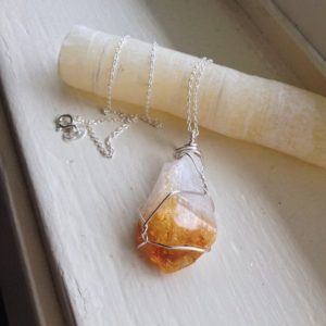 Shop Citrine Necklaces! Citrine, Raw – Sustainable Silver Wirewrapped Necklace & 18 Inch Cable Chain – Ecofriendly, Woman's, Stress Relieving, Life Changes | Natural genuine Citrine necklaces. Buy crystal jewelry, handmade handcrafted artisan jewelry for women.  Unique handmade gift ideas. #jewelry #beadednecklaces #beadedjewelry #gift #shopping #handmadejewelry #fashion #style #product #necklaces #affiliate #ad